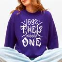 Large Purple 1692 They Missed One Salem Spooky Witch Halloween Night Edition Deluxe Cozy Graphic Sweatshirt