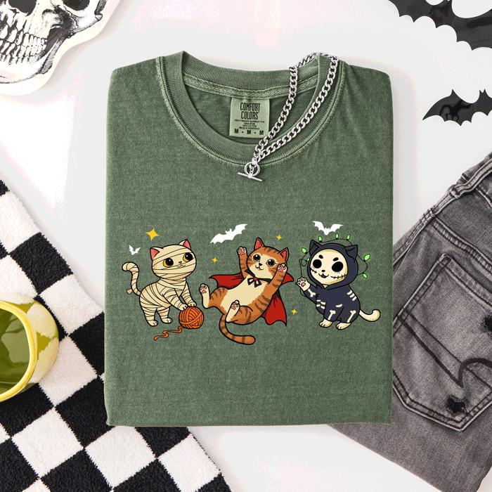 Adorable Halloween Cats Cozy Autumn Cat Themed Whimsical Feline Nighttime Festival Favorite Comfort Colors Tee