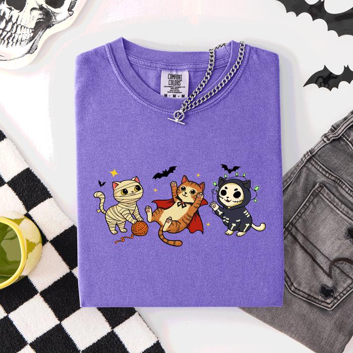 Adorable Halloween Cats Cozy Autumn Cat Themed Whimsical Feline Nighttime Festival Favorite Comfort Colors Tee
