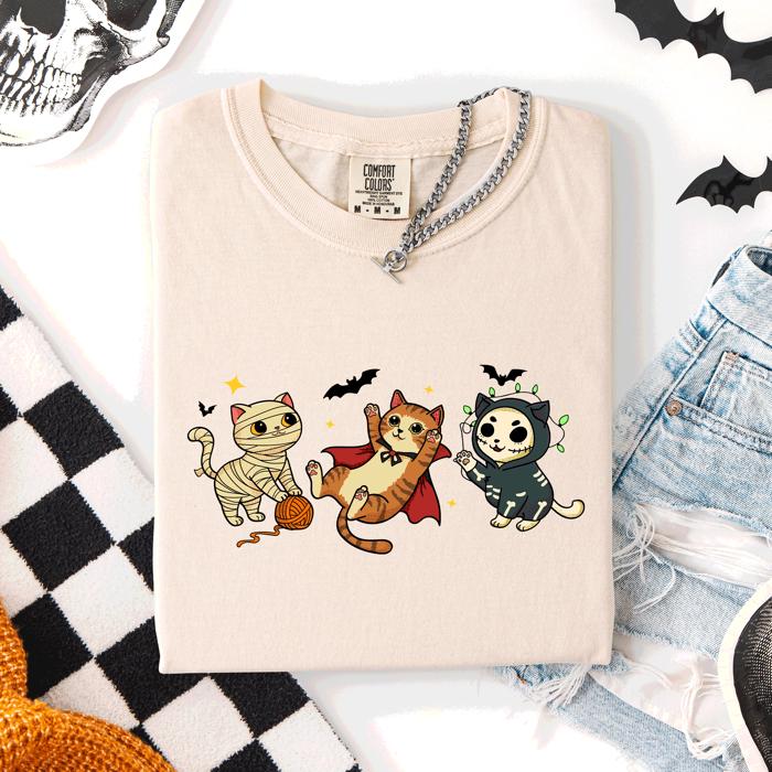 Adorable Halloween Cats Cozy Autumn Cat Themed Whimsical Feline Nighttime Festival Favorite Comfort Colors Tee