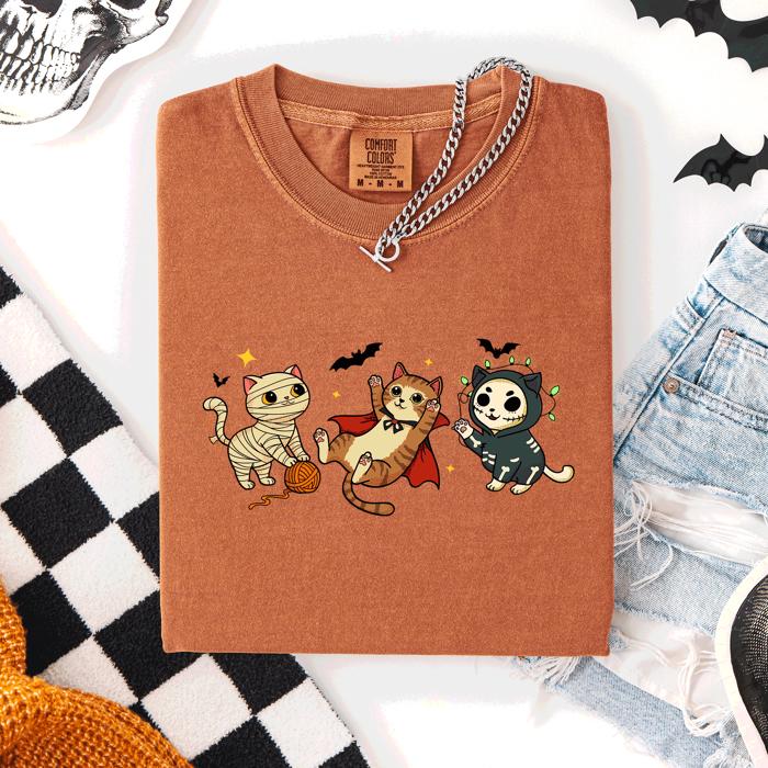 Adorable Halloween Cats Cozy Autumn Cat Themed Whimsical Feline Nighttime Festival Favorite Comfort Colors Tee