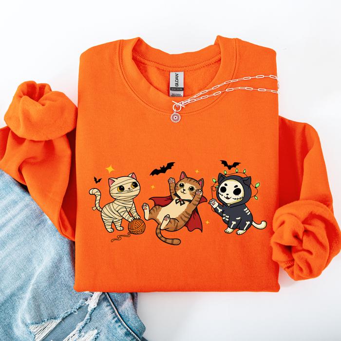 Adorable Halloween Cats All Over Feline Illustration Cozy Costume Style Sweatshirt