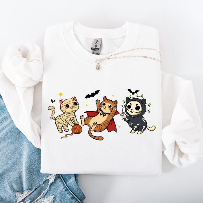 Adorable Halloween Cats All Over Feline Illustration Cozy Costume Style Sweatshirt