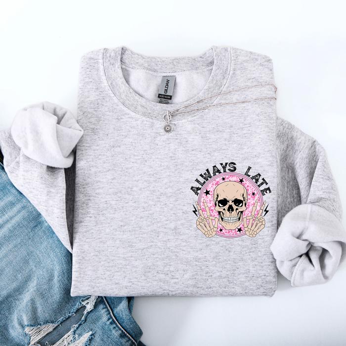 Always Late Skeleton Mood Vibe With A Playful Halloween Spirit And Cozy Pocket Detail Pocket Sweatshirt