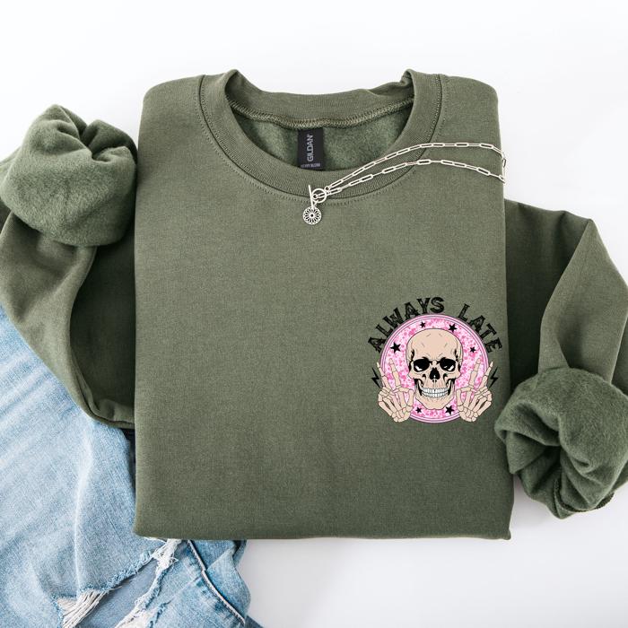 Always Late Skeleton Mood Vibe With A Playful Halloween Spirit And Cozy Pocket Detail Pocket Sweatshirt