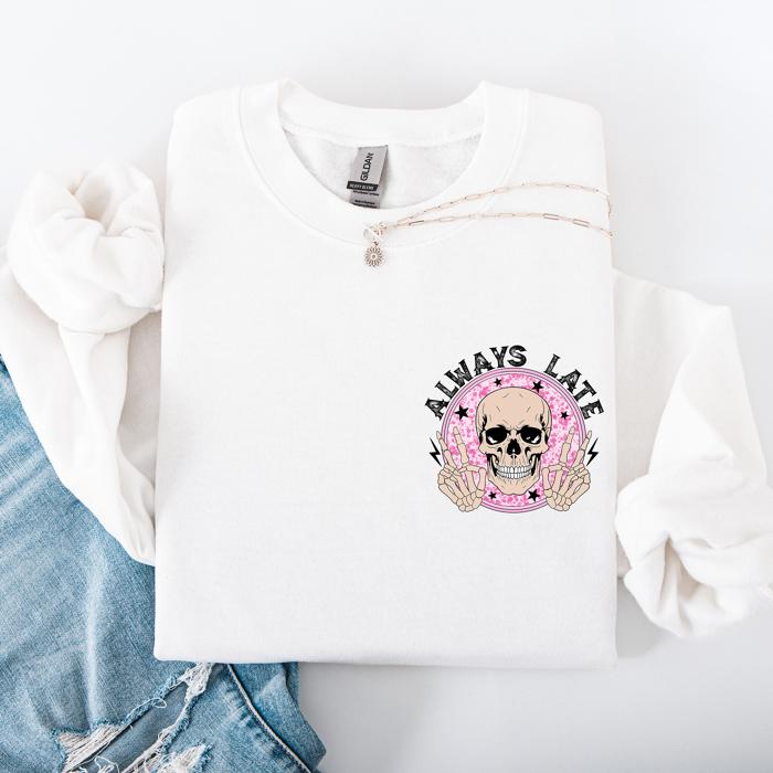 Always Late Skeleton Mood Vibe With A Playful Halloween Spirit And Cozy Pocket Detail Pocket Sweatshirt
