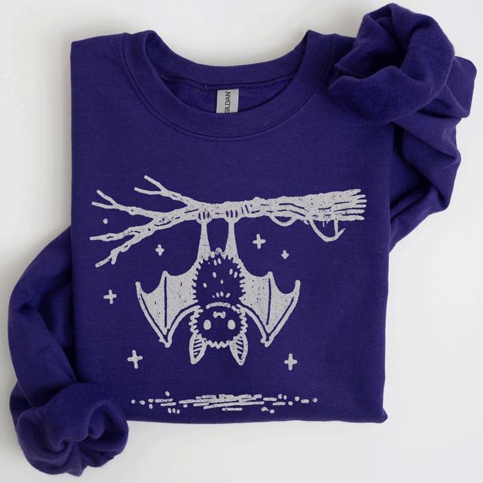 Bat Cute Adorable Halloween Graphic Illustration Cozy Fleece Playful Autumn Nightfall Sweatshirt