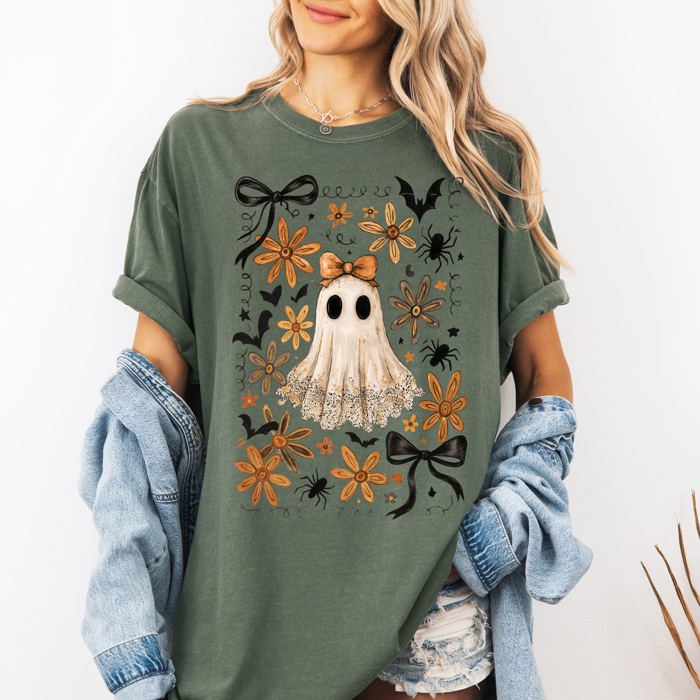 Beautiful Halloween Bows Bats Flowers Festive Gothic Motif Halloween Night Themed Comfort Colors Tee