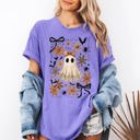 Medium Violet Purple Beautiful Halloween Bows Bats Flowers Festive Gothic Motif Halloween Night Themed Comfort Colors Tee