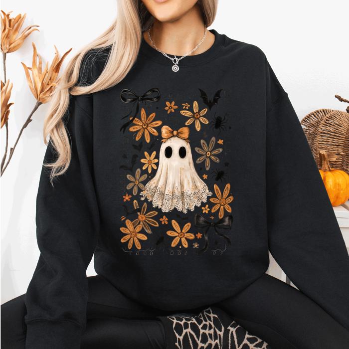 Beautiful Halloween, Bows, Bats, Flowers Boho Vintage Cozy Autumn Graphic Sweatshirt