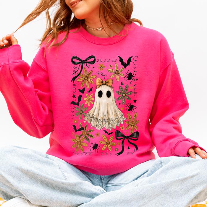 Beautiful Halloween, Bows, Bats, Flowers Boho Vintage Cozy Autumn Graphic Sweatshirt