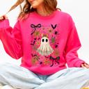 Large Crunchberry Bright Pink Beautiful Halloween, Bows, Bats, Flowers Boho Vintage Cozy Autumn Graphic Sweatshirt