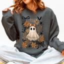 Large Dark Gray Heather Beautiful Halloween, Bows, Bats, Flowers Boho Vintage Cozy Autumn Graphic Sweatshirt