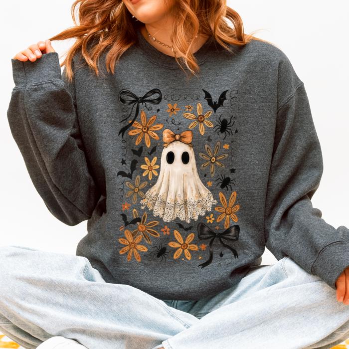 Beautiful Halloween, Bows, Bats, Flowers Boho Vintage Cozy Autumn Graphic Sweatshirt