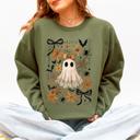 XL Military Green Beautiful Halloween, Bows, Bats, Flowers Boho Vintage Cozy Autumn Graphic Sweatshirt