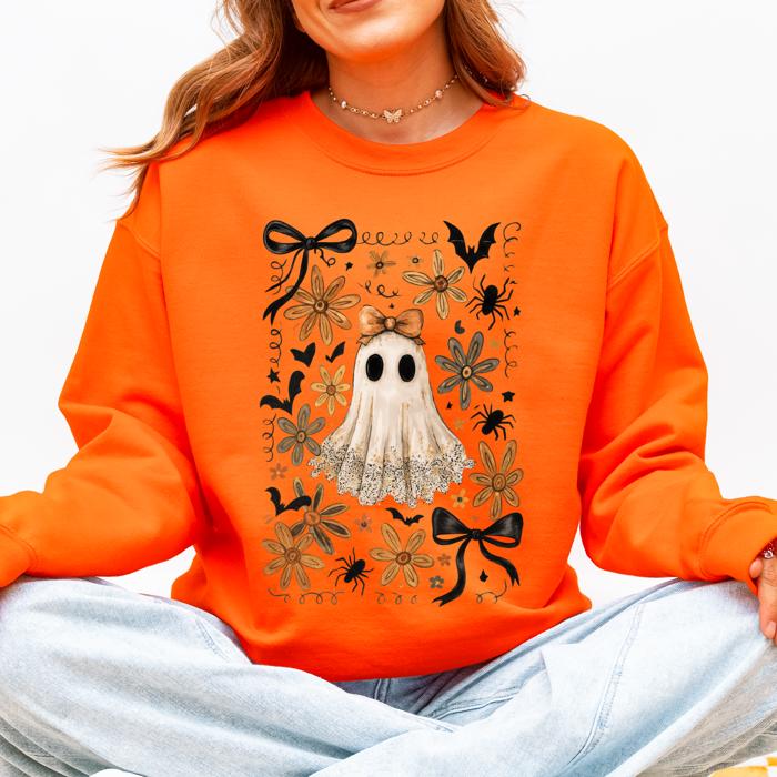 Beautiful Halloween, Bows, Bats, Flowers Boho Vintage Cozy Autumn Graphic Sweatshirt