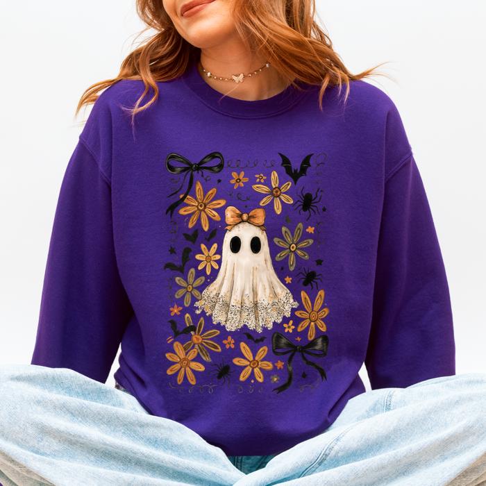 Beautiful Halloween, Bows, Bats, Flowers Boho Vintage Cozy Autumn Graphic Sweatshirt