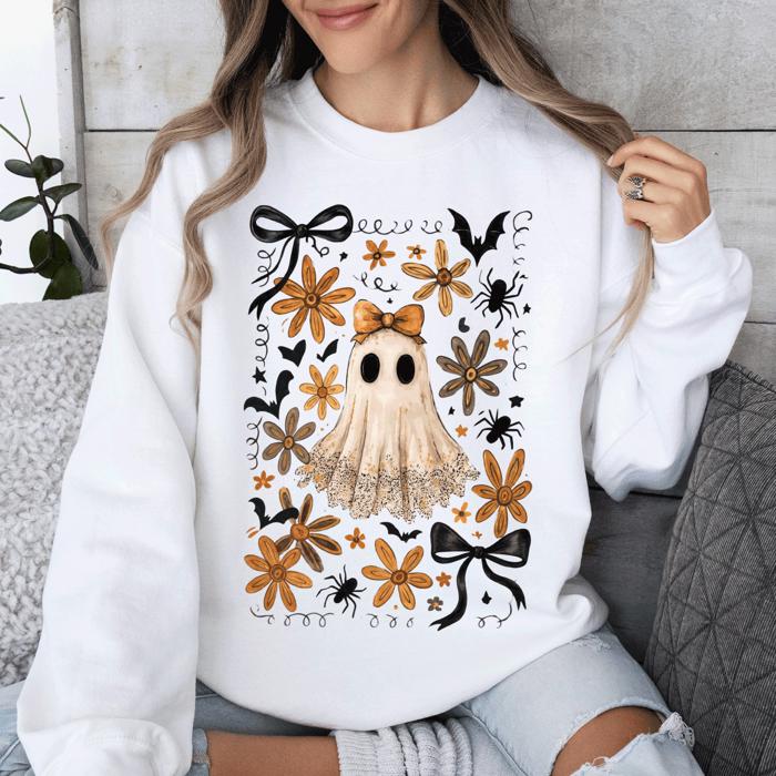 Beautiful Halloween, Bows, Bats, Flowers Boho Vintage Cozy Autumn Graphic Sweatshirt