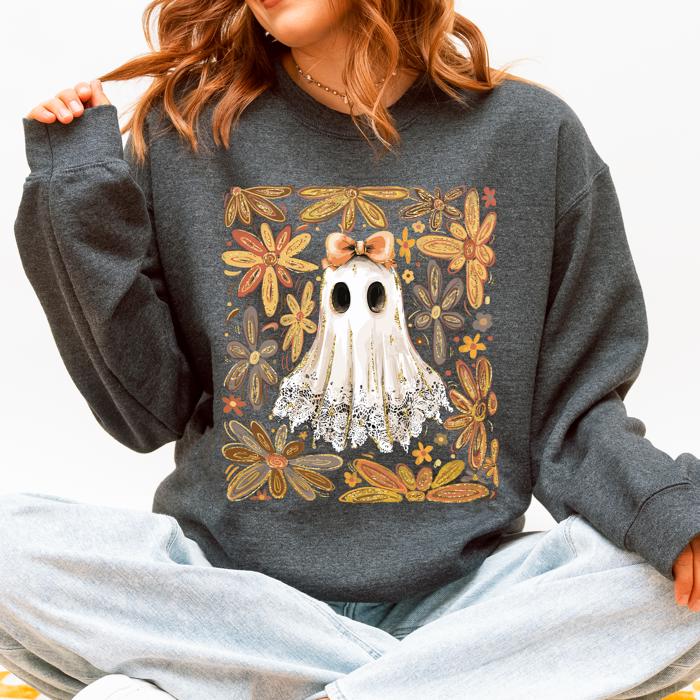 Beautiful Halloween Flowers Coquette Ghost Cozy Night Garden Illustration Sweatshirt