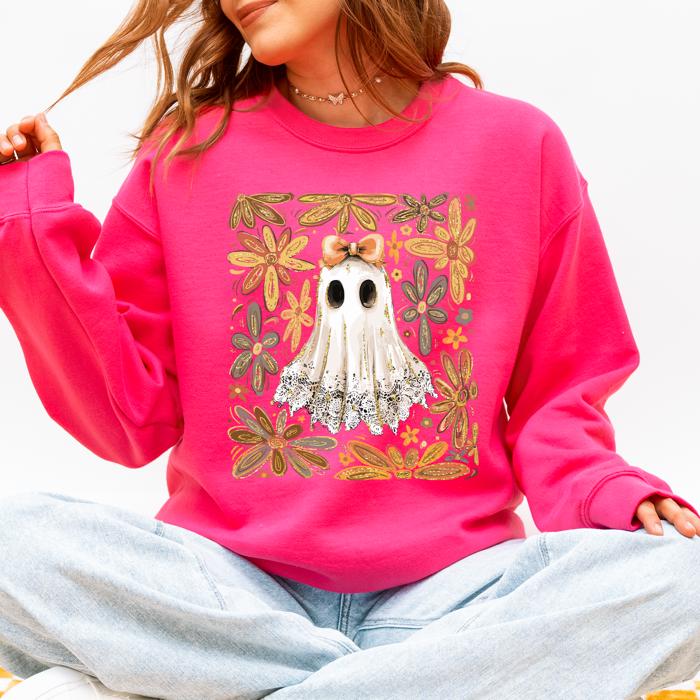 Beautiful Halloween Flowers Coquette Ghost Cozy Night Garden Illustration Sweatshirt