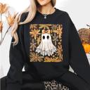 Large Black Beautiful Halloween Flowers Coquette Ghost Cozy Night Garden Illustration Sweatshirt