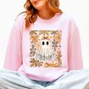 Small Light Pink Beautiful Halloween Flowers Coquette Ghost Cozy Night Garden Illustration Sweatshirt