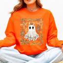 Large Orange Beautiful Halloween Flowers Coquette Ghost Cozy Night Garden Illustration Sweatshirt