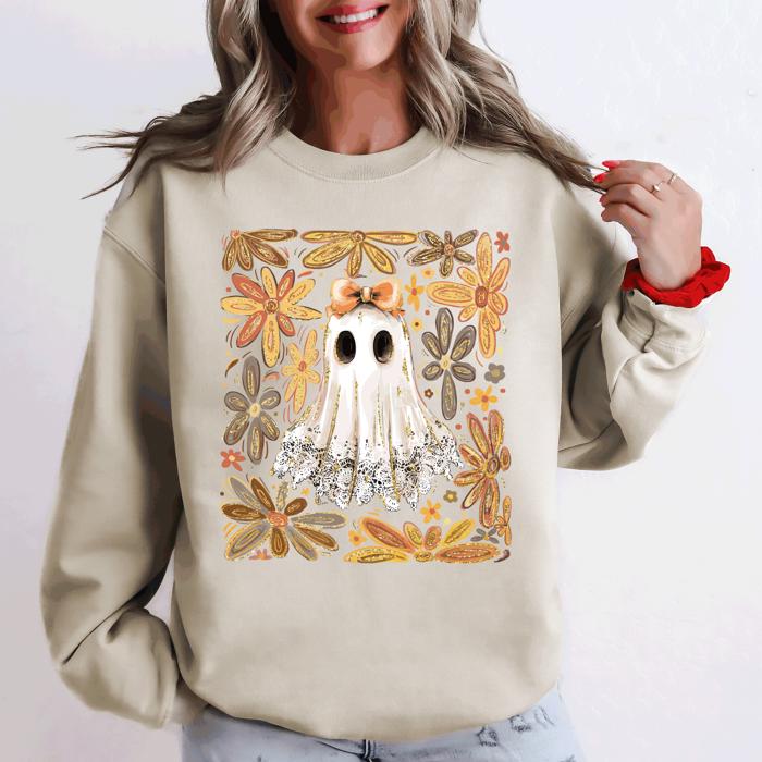 Beautiful Halloween Flowers Coquette Ghost Cozy Night Garden Illustration Sweatshirt