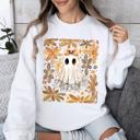 XXL White Beautiful Halloween Flowers Coquette Ghost Cozy Night Garden Illustration Sweatshirt