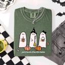 Medium Moss Dark Green Besties Halloween Ghosts Cute Witch Pumpkin Festive Portrait Illustration Comfort Colors Tee