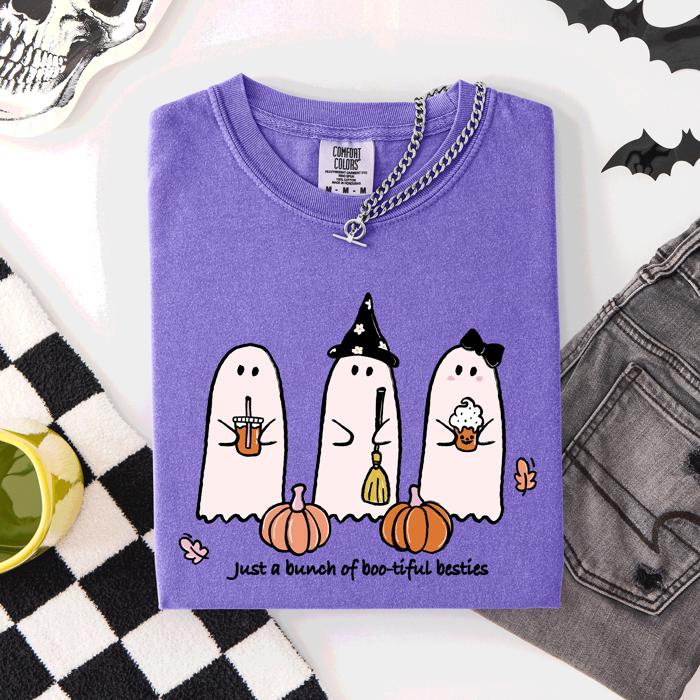Besties Halloween Ghosts Cute Witch Pumpkin Festive Portrait Illustration Comfort Colors Tee