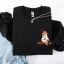 Small Black Boo Haw Cowboy Western Halloween Spirit Cozy Fall Favorite For Autumn Nights And Spooky Season Wear Pocket Sweatshirt