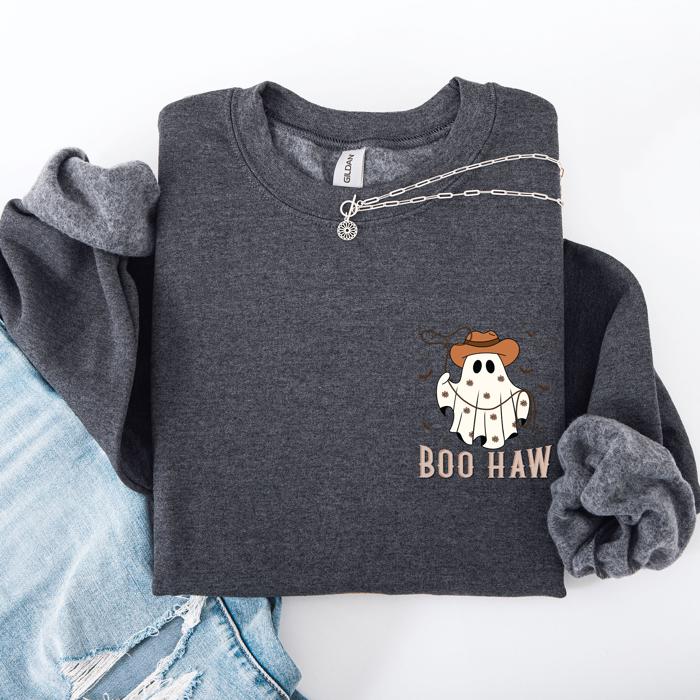 Boo Haw Lasso Cowboy Western Halloween Spirit Of The Wild Frontier Classic Western Quote Pocket Sweatshirt