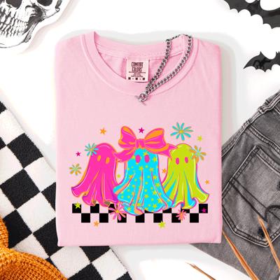 Bright And Colorful Retro Halloween Ghosts Checkered Graphic Design Limited Edition Comfort Colors Tee
