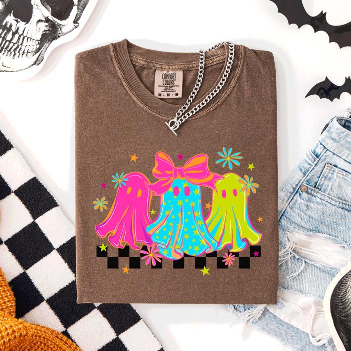 Bright And Colorful Retro Halloween Ghosts Checkered Graphic Design Limited Edition Comfort Colors Tee
