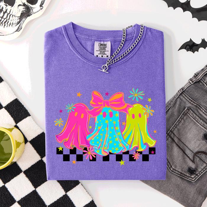 Bright And Colorful Retro Halloween Ghosts Checkered Graphic Design Limited Edition Comfort Colors Tee