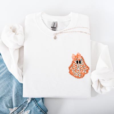 Cute Coquette Faux Lace Ghost Halloween Inspired Vintage Charm Graphic Boho Cozy Pocket Sweatshirt