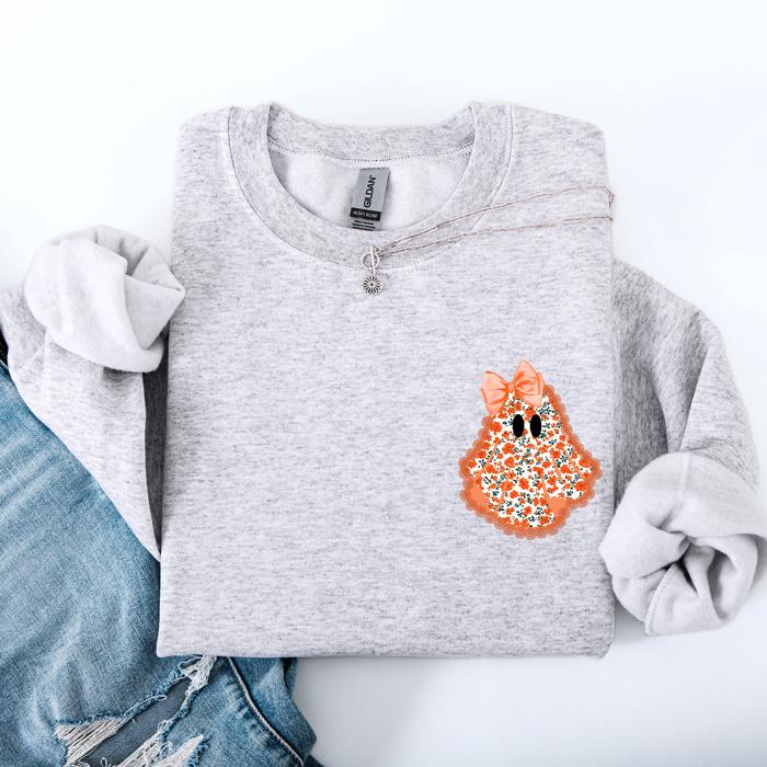 Cute Coquette Faux Lace Ghost Halloween Inspired Vintage Charm Graphic Boho Cozy Pocket Sweatshirt