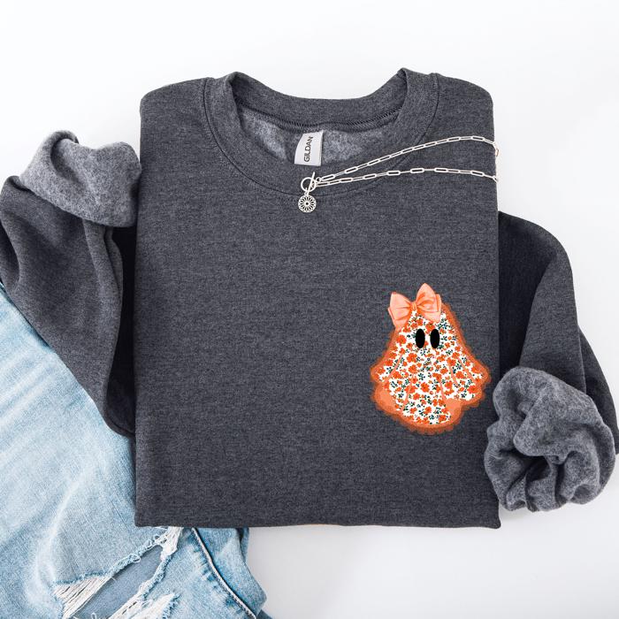 Cute Coquette Faux Lace Ghost Halloween Inspired Vintage Charm Graphic Boho Cozy Pocket Sweatshirt
