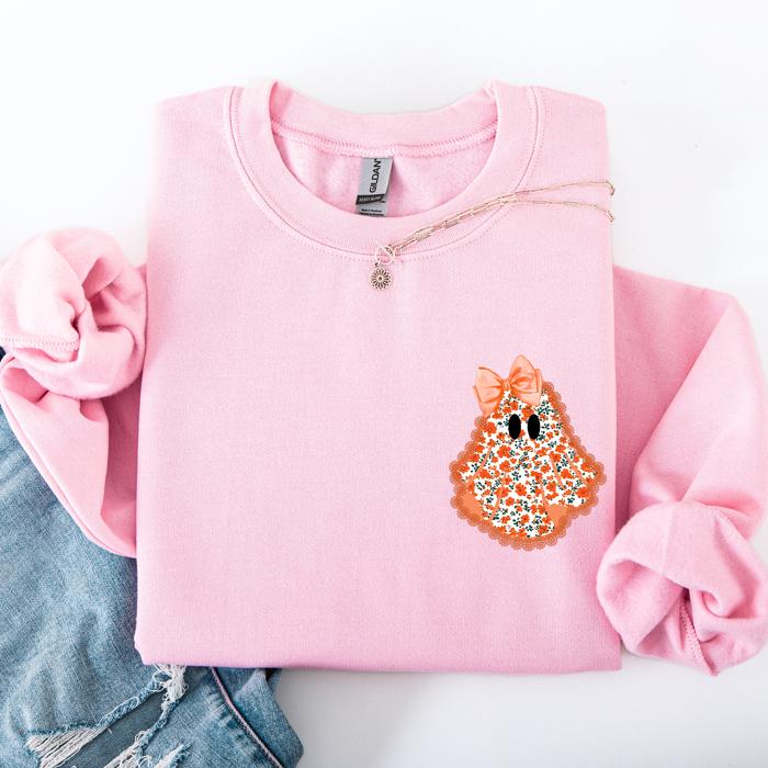 Cute Coquette Faux Lace Ghost Halloween Inspired Vintage Charm Graphic Boho Cozy Pocket Sweatshirt