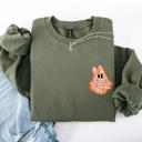 Small Military Green Cute Coquette Faux Lace Ghost Halloween Inspired Vintage Charm Graphic Boho Cozy Pocket Sweatshirt