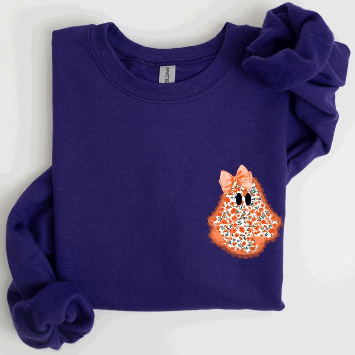 Cute Coquette Faux Lace Ghost Halloween Inspired Vintage Charm Graphic Boho Cozy Pocket Sweatshirt