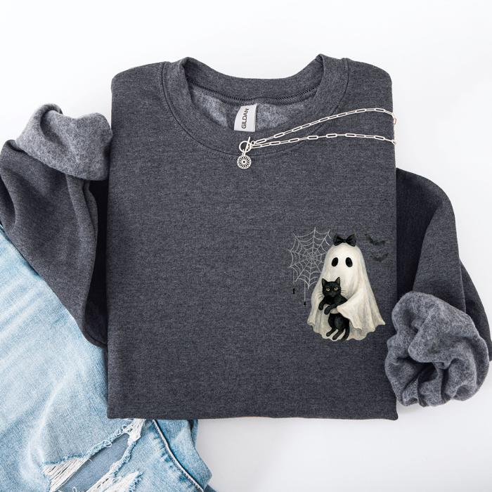 Cute Ghost, Black Cat, Halloween, Coquette Vintage Gothic Seasonal Pocket Sweatshirt