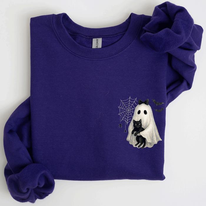 Cute Ghost, Black Cat, Halloween, Coquette Vintage Gothic Seasonal Pocket Sweatshirt