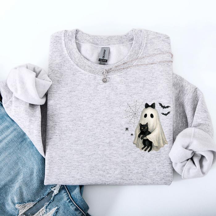 Cute Ghost, Black Cat, Halloween, Coquette Vintage Gothic Seasonal Pocket Sweatshirt
