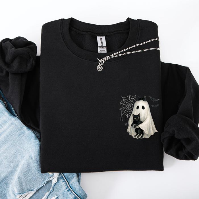 Cute Ghost, Black Cat, Halloween, Coquette Vintage Gothic Seasonal Pocket Sweatshirt
