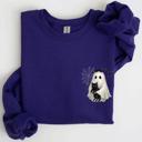 Small Purple Cute Ghost, Black Cat, Halloween, Coquette Vintage Gothic Seasonal Pocket Sweatshirt