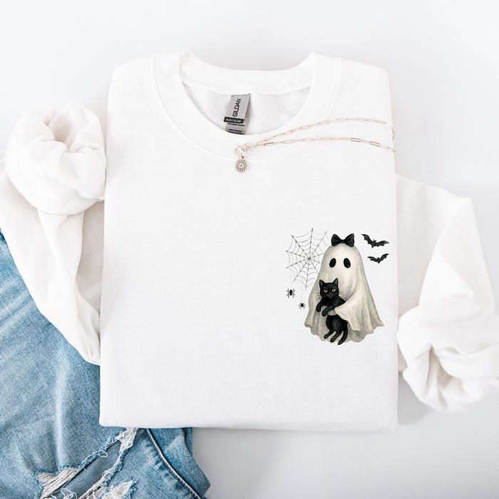 Cute Ghost, Black Cat, Halloween, Coquette Vintage Gothic Seasonal Pocket Sweatshirt