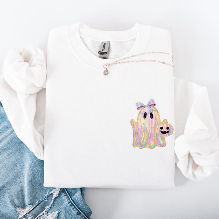 Cute Ghost Coquette Ribbon Faux Glitter Halloween Vintage Velvet Pocket Sweatshirt