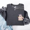 Medium Dark Gray Heather Cute Ghost Coquette Ribbon Faux Glitter Halloween Vintage Velvet Pocket Sweatshirt